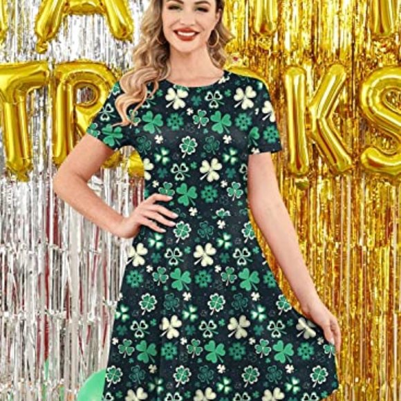 Women's St. Patrick's Day Short Sleeves Printed Tunic Dress - Picture 3 of 6